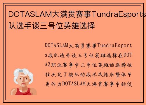 DOTASLAM大满贯赛事TundraEsports战队选手谈三号位英雄选择