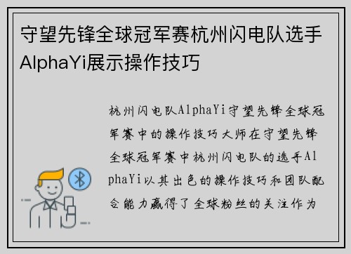守望先锋全球冠军赛杭州闪电队选手AlphaYi展示操作技巧